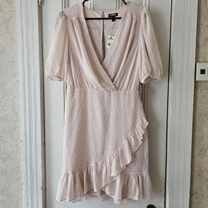 Express -Puff Sleeve Wrap Ruffled Swiss Dot Light Pink Dress -Small -NWT